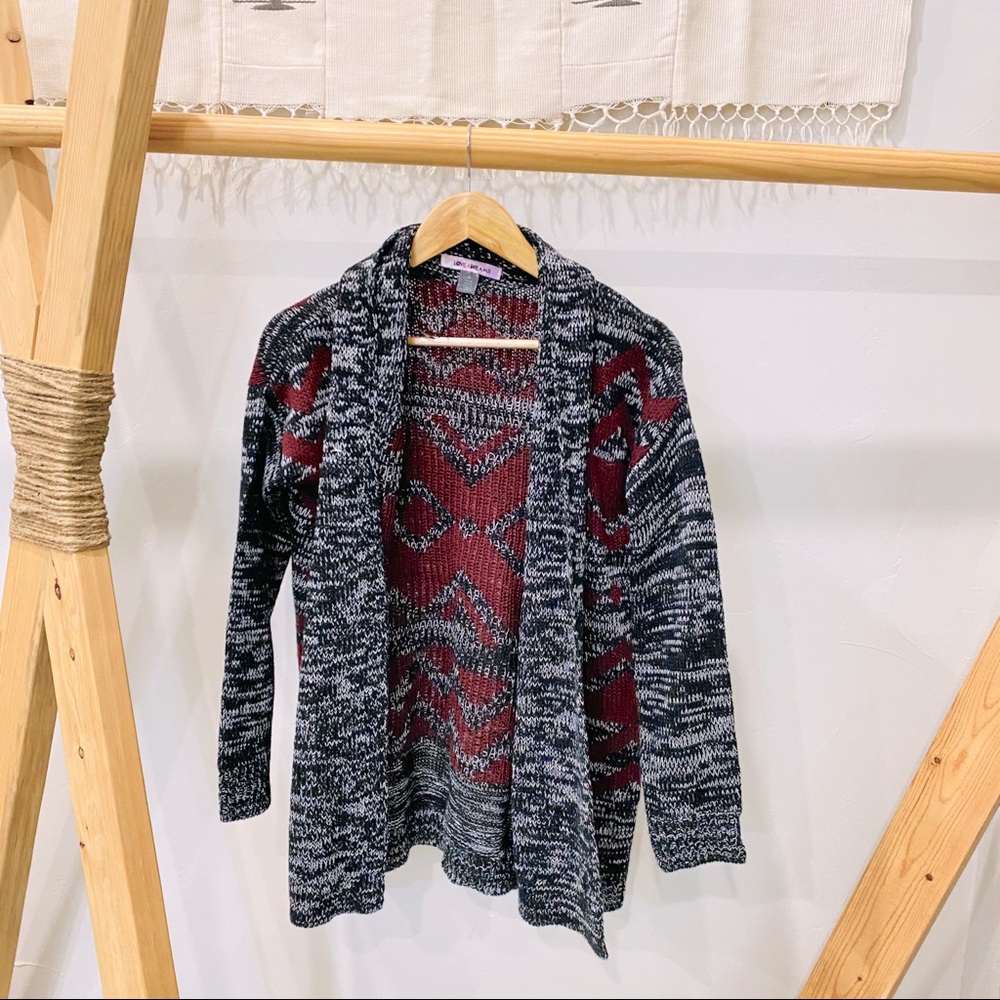 Gray + Red Aztec Tribal Print Chunky Cardigan